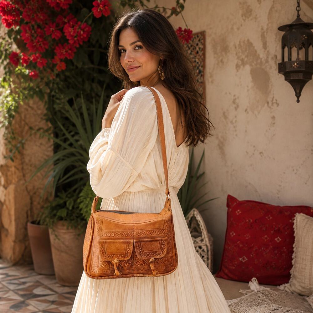 70s MAROC Tooled Leather Moroccan Shoulder Bag Large Boho Purse